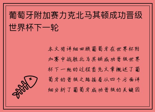 葡萄牙附加赛力克北马其顿成功晋级世界杯下一轮